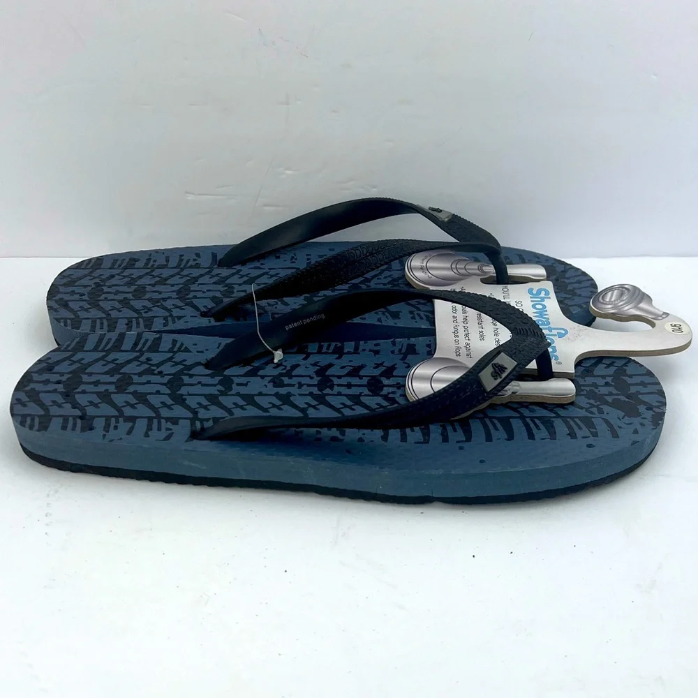 SHOWAFLOPS NON-SKID SHOWER FLIP FLOP W/ATHLETIC STRIPES, DRAIN HOLES, SIZE 9/10